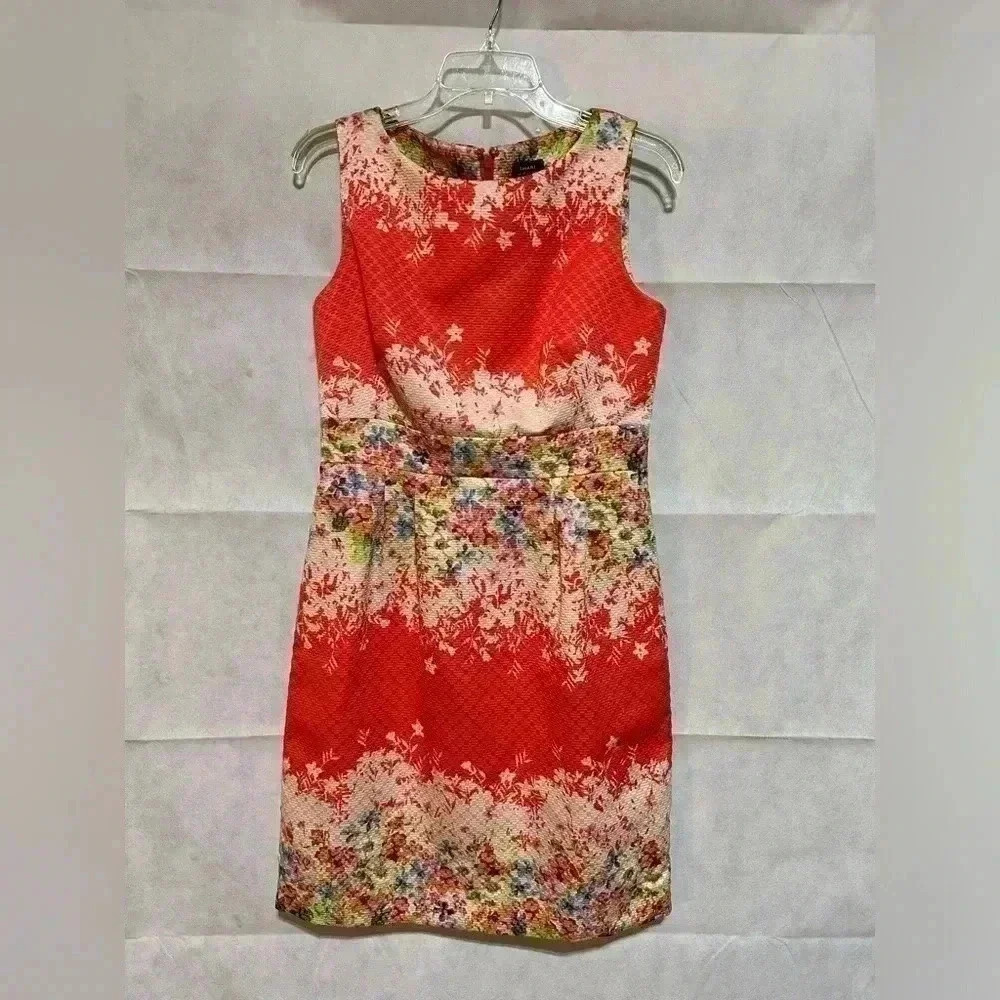 Tahari Womens A-Line Dress Sz 8 Coral Multicolor Floral Lined Sleeveless Zip